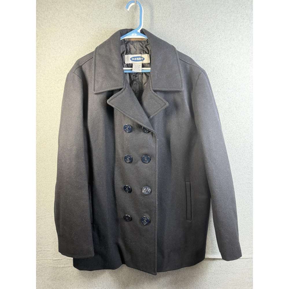 Old Navy Pea Coat Mens Large Black Wool Double Breasted Nautical Winter Lined
